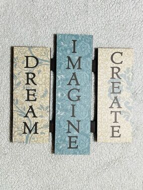 Imagine, Dream, Create Wall Plaque Set in Blue and Cream